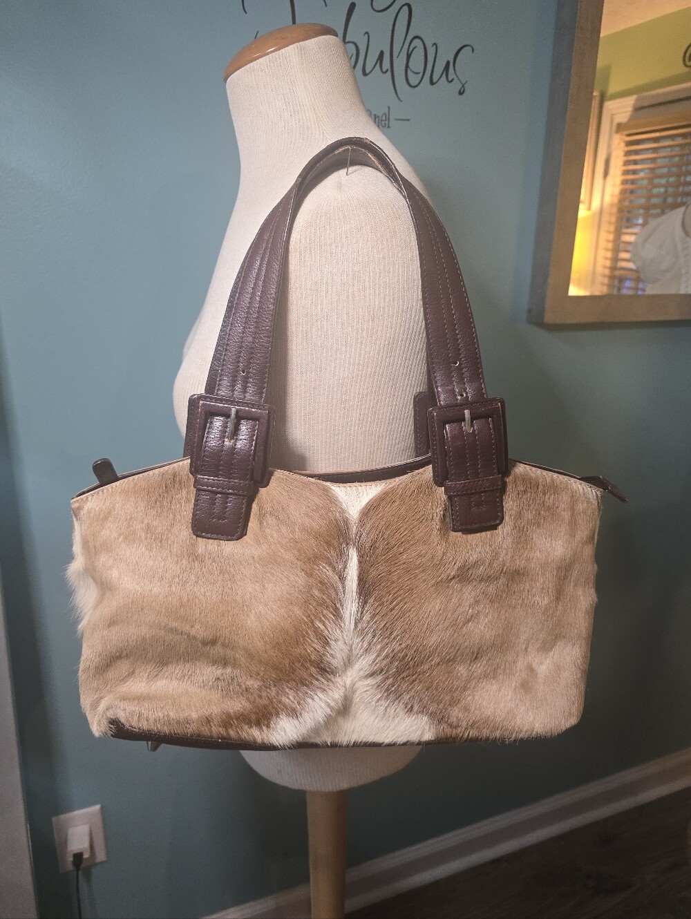Diane Gail Springbok Fur Shoulder Bag with Dark Brown Leather Straps